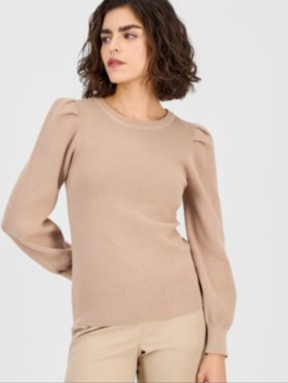 Lauren Ralph Lauren Tan Puff Sleeve Cotton Modal Crew Neck Sweater
